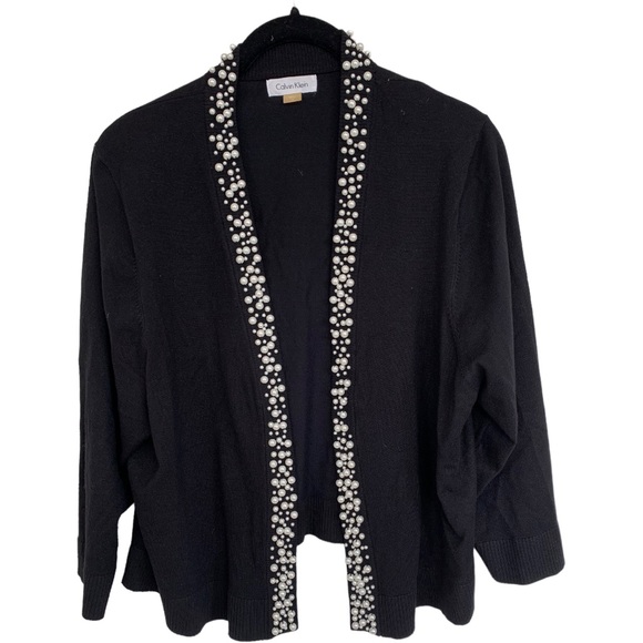 Calvin Klein Black Crop Open Cardigan  Sweater Pearl Collar & Trim  Size 1X - Picture 7 of 13